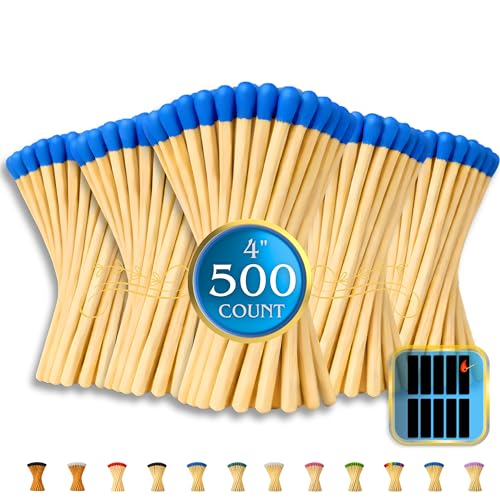Image of 500 Count | 4 inch Blue Matches | Strikers Included | Color Tip Wooden Match | Refill for Matchstick Jars, Candle Display, Holders & Bottles | 4 in inches Long