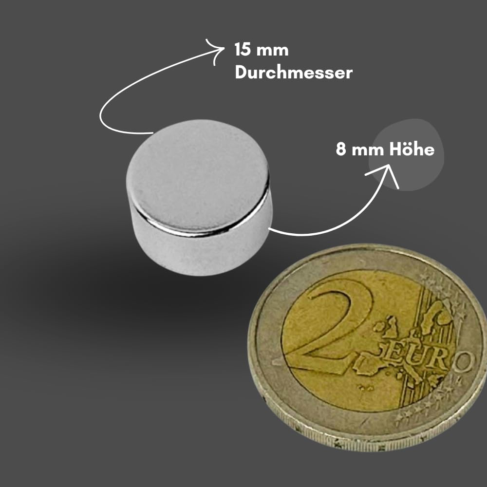 Strong Magnets Neodym Magnet - Rund 15 x 8 mm - 20 Stück - Extra stark, hält bis 6,6kg - Für Magnettafel, Kühlschrank, Whiteboard, Pinnwand, Büro