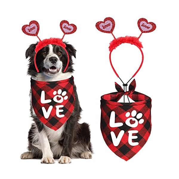 Jotfa valentine's day dog bandana costumes, valentines love headband buffalo plaid dog valentines bandanas for small medium large dogs