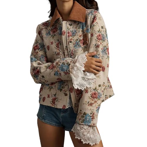 Women's Vintage Floral Corduroy Collar Jacket with Boho Chic Blouse Casual Cropped Cardigan