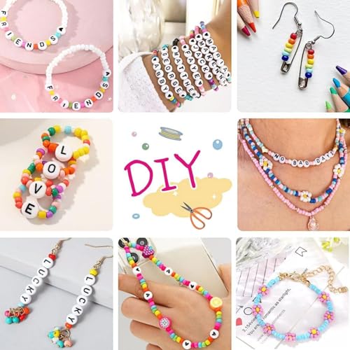 Image of Looconi 1500 Pieces 6 Colors Letter Alphabet Beads and Number Heart Beads Round Flat and Crystal Line for Jewelry Making