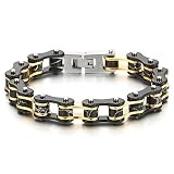 Pulsera de Hombre, Negro Oro Dos Tonos Brazalete Acero Inoxidable, Bike Chain, Cadena Bici, Espejo Pulido con Piedras