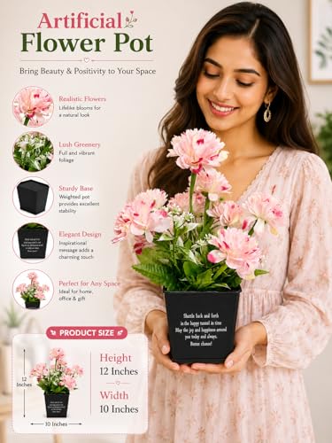 Image of Artificial Pink Carnation Flower Arrangement in Black Metal Pot, Inspirational Quote, Home Decor