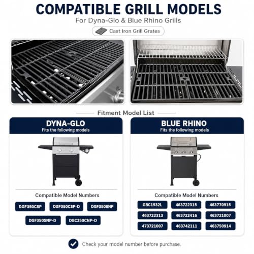 Image of Hisencn 70-01-634 Grill Cooking Grates for Dyna-Glo DGF350CSP DGF350CSP-D DGH353CRP, 15.5'' X 21'' for Dyna Glo 2 Burner Gas Grill Grates, Cast Iron Grill Parts for Blue Rhino Grill GBC1932L