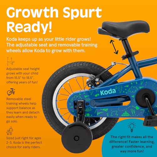 Image of Retrospec Koda Plus Kids Bike for Boys & Girls Ages 2-3 Years - 12 inch Children's Bicycle, Adjustable Seat & Handlebars, Removable Training Wheels, Front Hand Brakes, Rear Coaster Brake & Safety Bell