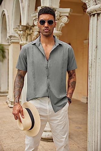 Coofandy Cuban Button Down Shirts For Men Short Sleeve Button Up Shirt~ Light Grey #TOP1
