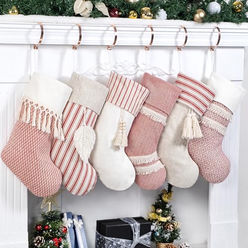 GEX Christmas Stockings 6 Pack for Family 20" Large Rustic Farmhouse Country Red Xmas Stockings with Tassels Hanging Ornament Decorations for Fireplace Xmas Season (Red, Set of 6)