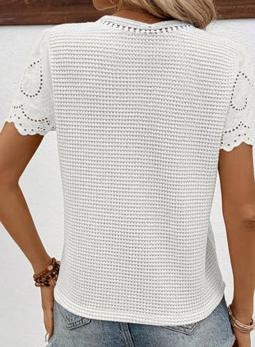 SHEWIN Womens Tops Casual Crewneck Short Sleeve Work Shirt 2025 Crochet Top Summer Shirts Cute Tops for Women Blouses White XX-Large