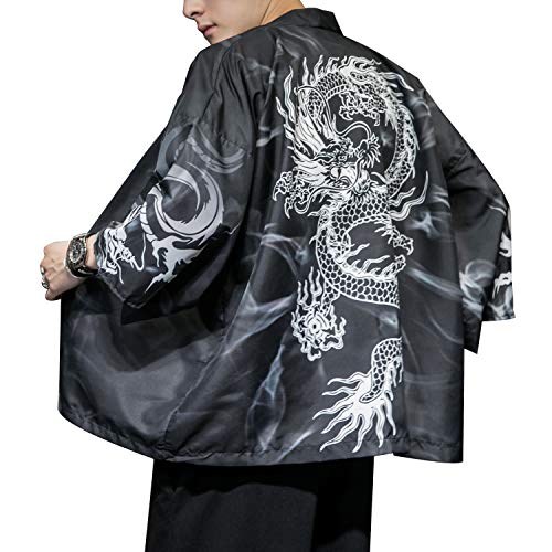 Image of Men's Japanese Kimono Robe Jacket Lightweight 3 /4 Sleeve Open Front Yukata | Silky Smooth Fashion Print Happi Coat Lightweight Breathable Loose Unisex Haori Casual Summer Cardigan Daily Beach Vacation