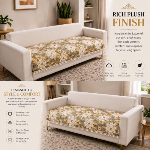 Image of Homerz Premium Printed Quilted Velvet Sofa Slip Cover Protector with Tassels, Sofa Mat, Exact Size, Antislip Cover (Antique Garden, 3 Seater, Half)