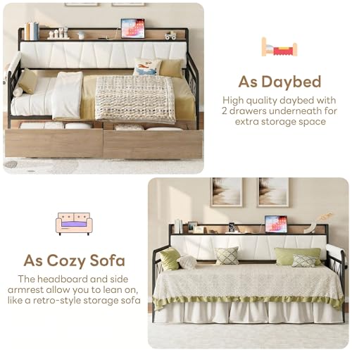 Image of LIKIMIO Daybed with Storage Drawers, Twin Day Bed Frame with Boucle Upholstered Headboard and Charging Station, Sofa Day Bed with Strong Supports for Living Room, Bedroom and Guest Room, Cream