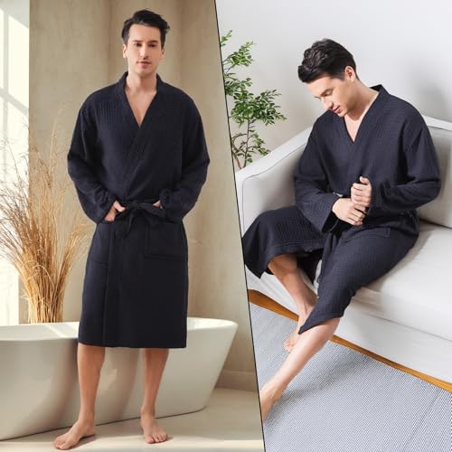 Mens Robes Waffle Lightweight Spa Knit Shawl Hotel Bathrobe Summer Soft Knee Length Sleepwear4