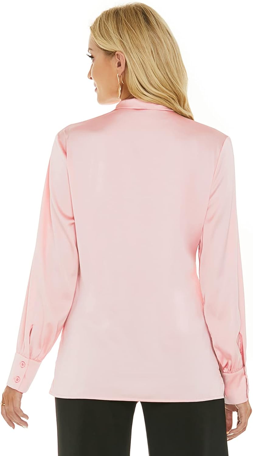 Escalier Women's Silk Blouse Long Sleeve Bow Tie Neck Button Down Shirts Casual Office Work Blouse Tops - Image 6
