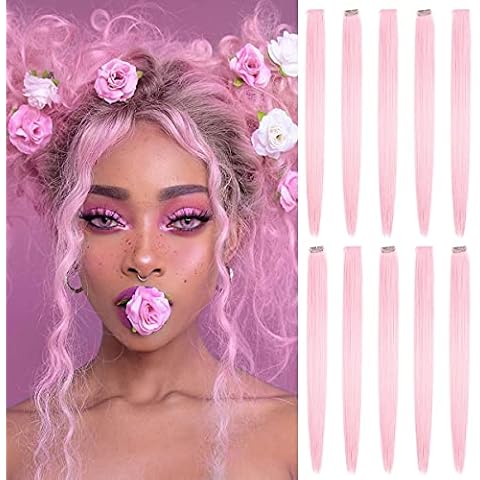 RYLAI Pink Hair Extensions Clip in Halloween - Hair Accessories for Kids Girls Fairy Hairpieces Long Straight Color Hair Extensions 22" 10pcs Cover