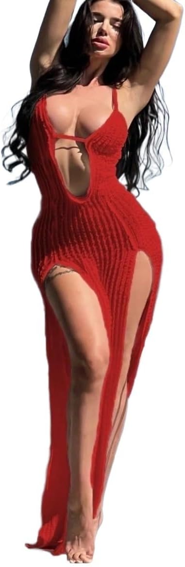 Women's Solid Color Neck Hollow Out Slit Beach Coverup Dress cover ups for swimwear