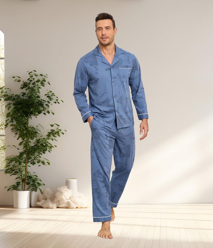 COLORFULLEAF Pigiama lungo da uomo in 100% cotone, a maniche lunghe, con abbottonatura, stampa leggera