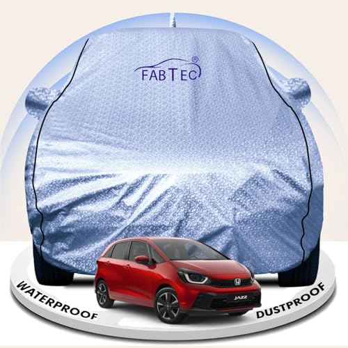 Image of FABTEC Metallic Silver Waterproof Car Body Cover for Honda Jazz Sun, UV and Dust Protection with Mirror and Antenna Pocket (Reflective Silver with Black Piping)