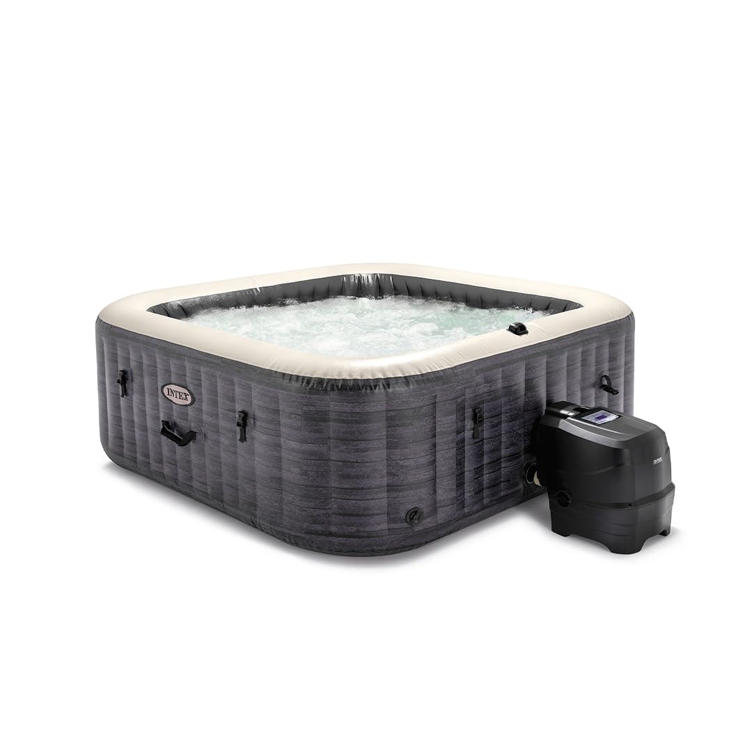 Intex 28452NP - Idromassaggio Gonfiabile Quadrato PureSpa Greystone Deluxe, 6 Posti, 170 Getti, PVC, Grigio, 196x196x71 cm