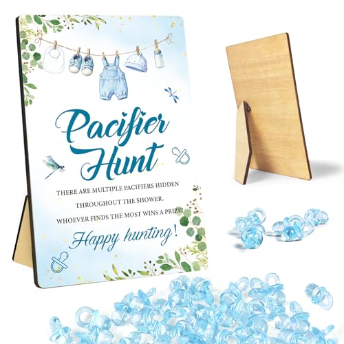 Pacifier Hunt Baby Shower Game Sign Watercolor Blue baby Clothes Theme Pacifiers hunt babies Games Set including Wooden hunts sign and pacifier Favorite Boys game for Babies shower Activities-4