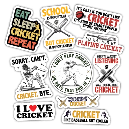 10pcs Cricket Sticker Sheet, Sporty Cute Vinyl Decals for Batsmen, Bowlers, Fans, and Cricket Clubs, Waterproof, UV-Resistant, for Laptop, Water Bottle, Journal, Notebook, Phone Case