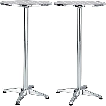 BTEXPERT Set of 2, Aluminum Indoor Outdoor 23.75" Round Restaurant Bar Height 45" Table flip top, Patio Stainless Steel Silver Furniture 25.75" Base