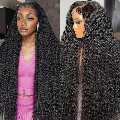 Image of Nsvnsv 13x6 Deep Wave Lace Front Wigs Human Hair Wigs for Women 180% Density HD Transparent Deep Curly Lace Frontal Wigs Human Hair Pre Plucked with Baby Hair Natural Color 36 Inch