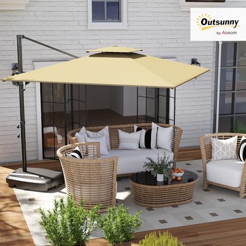 Outsunny Ombrellone Da Giardino A Manovella 2.5X2.5 M Con Doppio Tetto E Testa Inclinabile, Ombrellone Decentrato A Braccio Con Base A Croce, Base Riempibile E Presa D'aria, UV30+, Cachi - 2