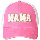 MIRMARU Women’s Baseball Caps Distressed Vintage Patch Washed Cotton Low Profile Embroidered Mesh Snapback Trucker Hat (Mama Chenille Glitter Patch, Hot Pink)