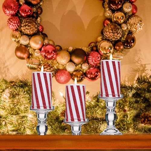 Image of Baquler 3 Pcs Christmas Flameless Candles Pastel Candy Cane LED Pillar Candle Peppermint Glitter Red and White Battery Operated Candlestick for Xmas Party Holiday Table Home Decoration(Thick Stripe)