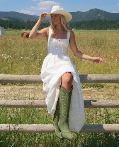 Image of Rivalran Cowboy Boots for Women - Knee High Pointed Toe Chunky Heel Pull On Zipper Western Cowgirl Boots, Retro Country Vintage Fashion Tall Boots