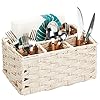 mDesign Plastic Woven Divided Cutlery Storage Organizer Caddy Tote - Basket Holder for Kitchen Table, Cabinet, Pantry - Holds Silverware, Forks, Knives, Spoons, Napkins and other Utensils - Cream