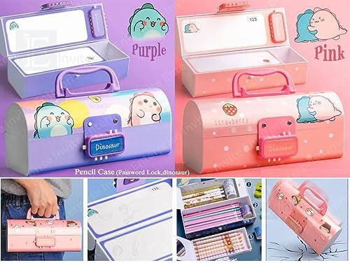 Image of Pencil Cases /Pencil Box with Code Lock Pen Case Kids Pencil case Style Password Lock Pencil Box Case Multi-Layer Pencil Box for Boys Girls (Dinosuar Purple Pencil Case)