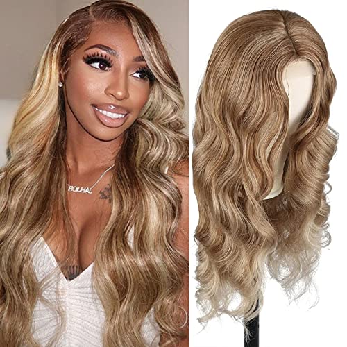 Leosa Goddess Body Wave Lace Front Side Part Wig For Women 26Inch Mix Brown Long Body Wave Lace Front Classic Wig Synthetic Hair Daily Party Wig For Women Heat Resistant Fiber Hair #TOP5