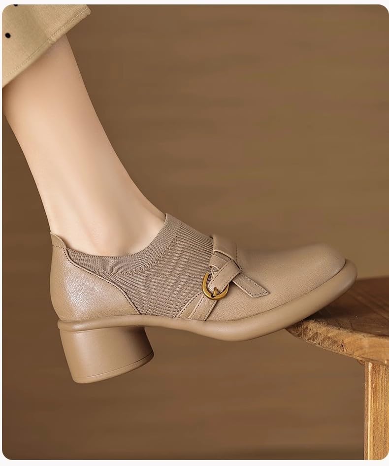 Womens Leather Chunky Heel Monk Strap Oxfords Ladies Mid Heel Dress Loafers Pumps Shoes with Buckle4