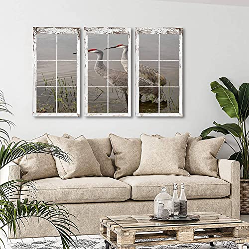 Zuxmqetiskh 3 Panels Art Wall Paintings Pair Of Sandhill Cranes In The Water Oil Photos Posters Prints Beautiful Pictures Canvas For Home Decorations Perfect Gifts 12X24Inchx3Pcs (30X60Cmx3Pcs) #TOP1