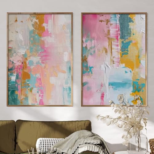 Colorful Abstract Wall Art - Pink, Teal, and Pastel Yellow Painting - Color Block Prints on Canvas - 16x24 Inch x2 Frameless