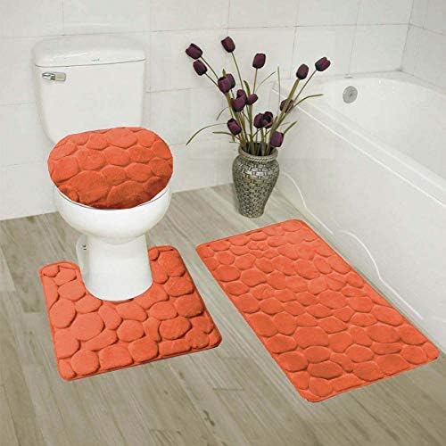 Smart Linen 3 Piece Stone Solid Embossed Memory Foam Set Non-Slip Bath Rug with Rubber Backing, Contour Mat, and Toilet Lid Cover #Rock (Rust)