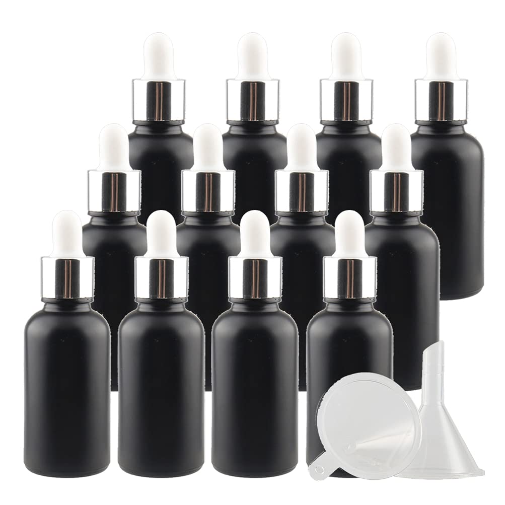 Opakowanie 24 x 30 ml matowe czarne szklane butelki z zakraplaczem do olejków eterycznych, aromaterapii, małych fiolek ze szklaną pipetą zakraplaczem i srebrną metalową nasadką