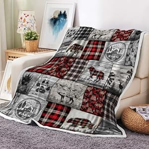 Rustic Cabin Throw Blankets Farmhouse Animal Wolf Bear and Deer Cozy Warm Bed Couch Blanket Plaid White Fleece Flannel Throws to Decorate The Room and Bedroom