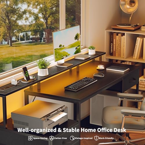 Image of Korfile 55 inch Computer Desk with File Drawer & Printer Space, Black