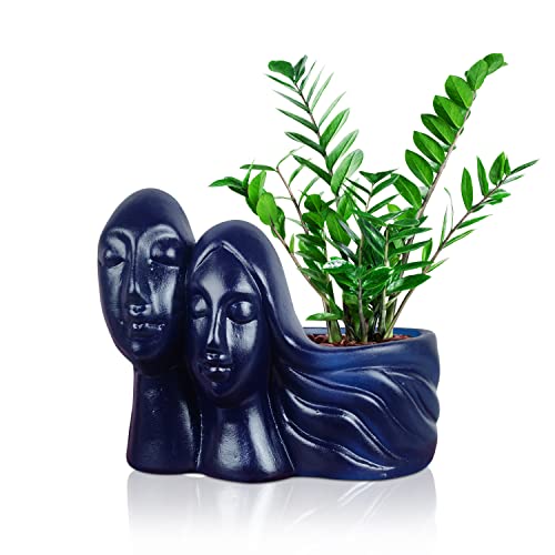 Image of Lasaki Couple Blue Ceramic Pots for Indoor Plants, Planters, Flower, Pots, gamla, Outdoor, Balcony, Home, Garden, Office Decor, Succulent Pot(L - 16 X W - 10 X H - 14.5 cm)(Plants not Included)