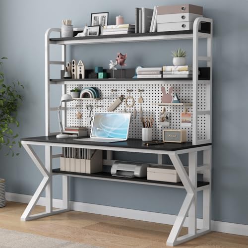 Escritorio de madera maciza para computadora con estantes de almacenamiento y tablero de clavijas, mesa de trabajo moderna para oficina en casa, estudio, escritorio grande y resistente