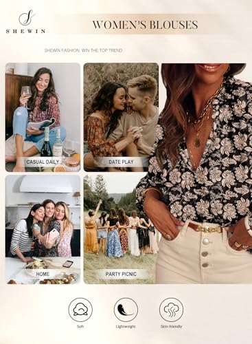 SHEWIN Women's Tops Casual V Neck Long Sleeve Shirts Floral Boho Blouses Tunics4