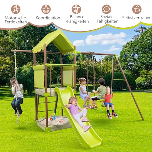 COSTWAY Spielturm, Klettergerüst mit Schaukel, Rutsche, Kletterseil, Gleitersitzen, Leiter und Sandkasten, Outdoor Kinder Kletterturm für Garten