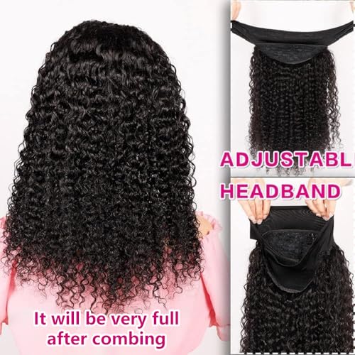 Image of Headband Wig Human Hair Kinky Curly for Black Women 14 Inch Natural Colour | Deep Curly Human Hair Wigs None Lace Front Wig,Brazilian Virgin Hair,Glueless Wear Go Beginner Friendly,Quick Install
