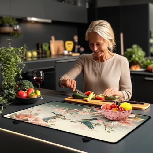 Image of Poceacles Ceramic Glass Stove Top Cover Stove Mat Stove Burner Cover Multipurpose Rubber Desk Saver Pad Washer Dryer Top Cover Range Cover for Counter Top, Hummingbird Flower