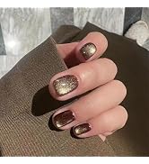 Short square press nails，cat eye nails，brown nails，salon nails，Acrylic artificial nails，Reusable ...