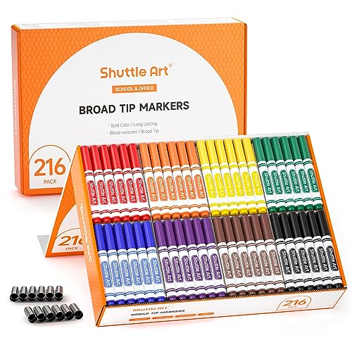 Shuttle Art Shuttle Art 216 Pack Washable Markers, 8 Assorted Colors Broad Line Conical Tip Large Markers Bulk with a Box, Bonus Caps, Home Classroom School Supplies for Adults Students Teachers…