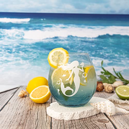 Mermaid Stemless Wine Glass - Beautiful Teal Color Ocean Wine Glass Gift For Girl Friend, Mermaid Gift, Fun Beach Wine Glass Gift For Men, Women, Kids, Birthday Bridal Shower Wedding (Crackle Teal) #TOP4