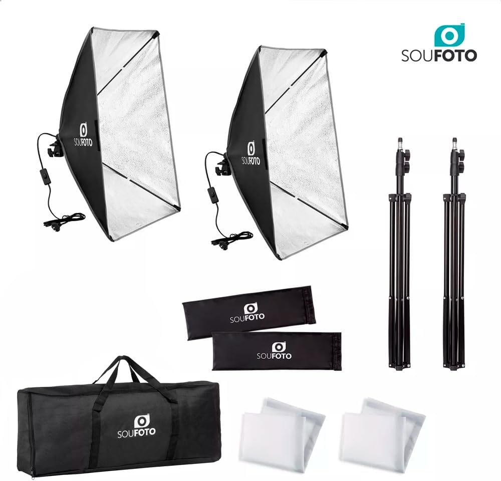 SOU FOTO Kit Softbox Duplo para Iluminação Profissional, Luz Suave 50x70cm, Tripé Ajustável até 2m, Estúdio Fotográfico e Vídeo, Bolsa Inclusa, Ideal para Fotos, Vídeos e Lives